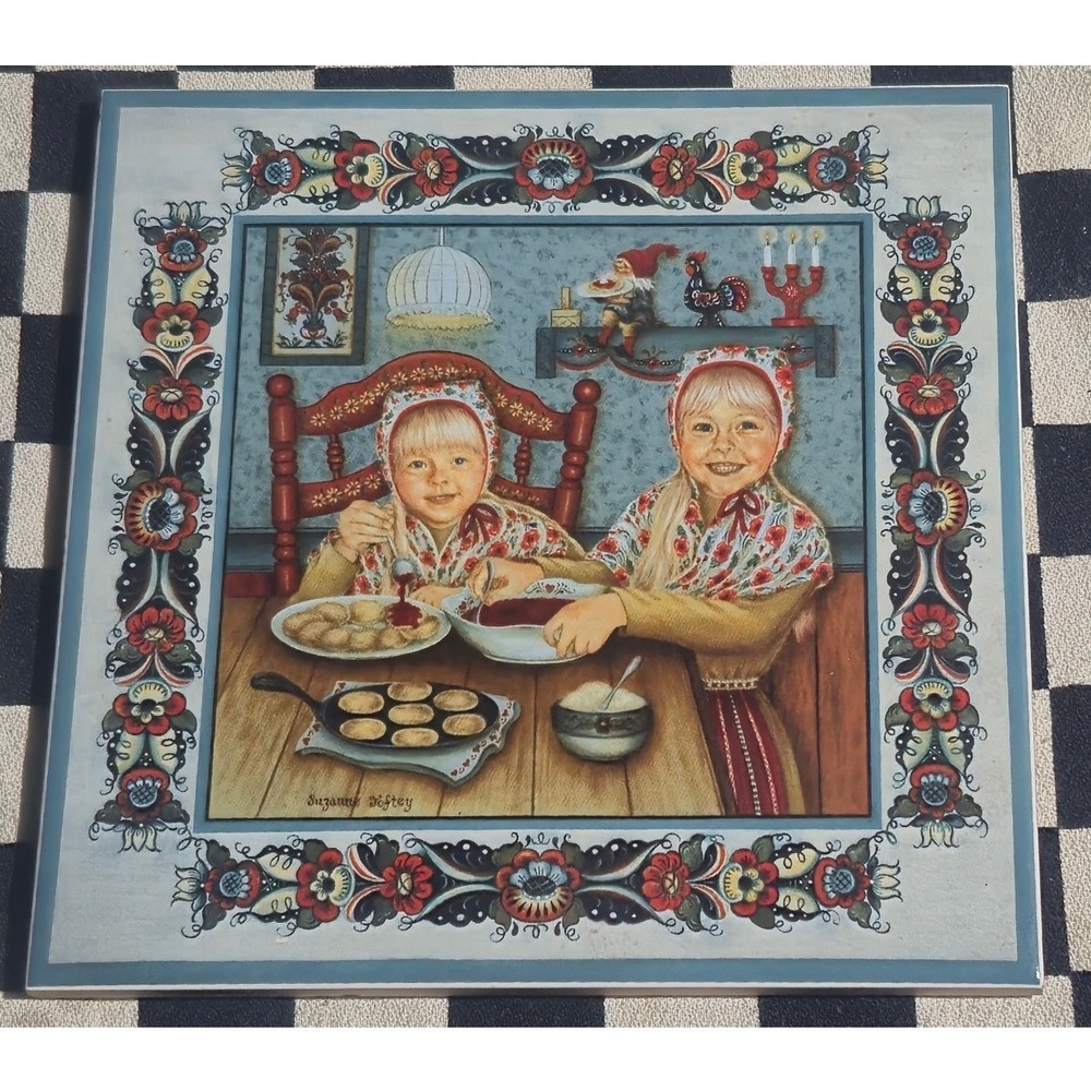Suzanne Toftey Swedish Pancake Girls Tile Trivet Bergquist Imports Folk Art 6x6